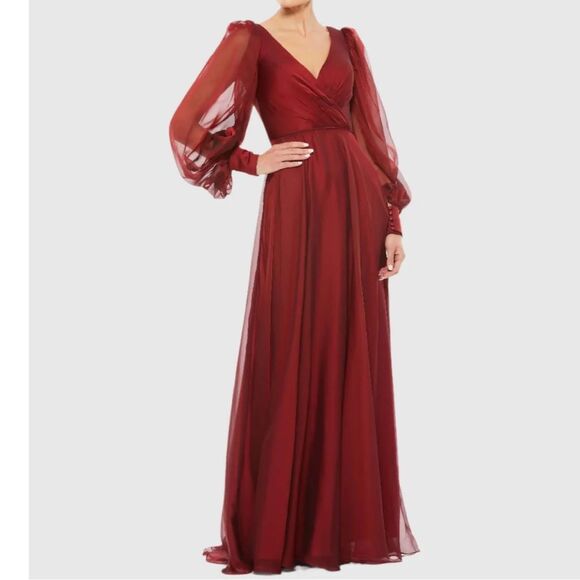 Mac Duggal Deep Garnet Sheer Blouson Sleeve Surplice Gown Size 12 NEW MSRP $398 - Picture 1 of 9